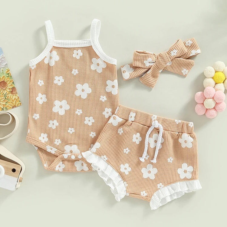 Baby Girl Summer Clothes Sets | Cotton Newborn Girl Outfit | Ribbed Ruffle Sleeveless Rompers+Shorts+Headband | Beach Outfits Sets