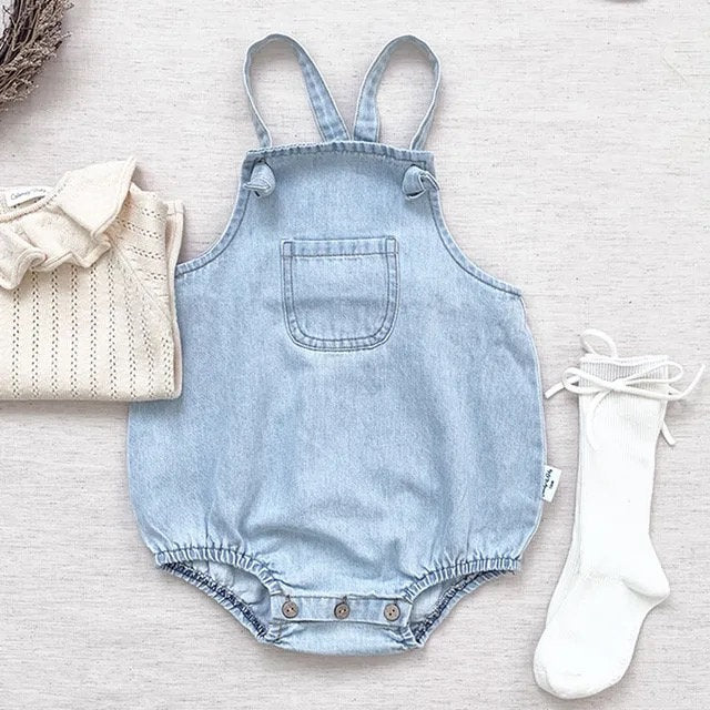 Baby And toddler sleeveless denim bubble romper bodysuit, infant, onesie, beach outfit, summer, jean,