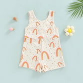 Baby and Toddler Ribbed Sleeveless Romper shorts Flower/Rainbow Print Zipper Rompers Jumpsuits Shorts Pants, baby clothes, infant jumpsuit,