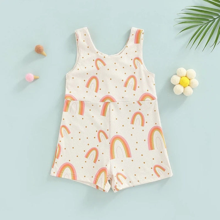 Baby and Toddler Ribbed Sleeveless Romper shorts Flower/Rainbow Print Zipper Rompers Jumpsuits Shorts Pants, baby clothes, infant jumpsuit,