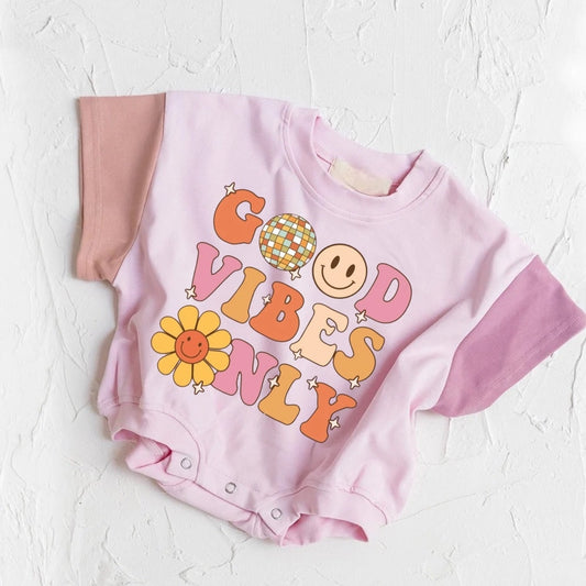 Newborn baby and kids Retro Good vibes SHORT sleeve ROMPER bodysuit, Crewneck, summer wear, cotton clothes SOFT onesie, infant, color block
