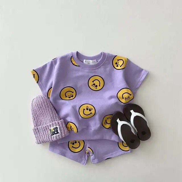 Baby and kids Summer smiley cotton Clothing set Toddler Clothes, outfit, shirt, shorts, summer, retro, shorts - Hippo Boutique
