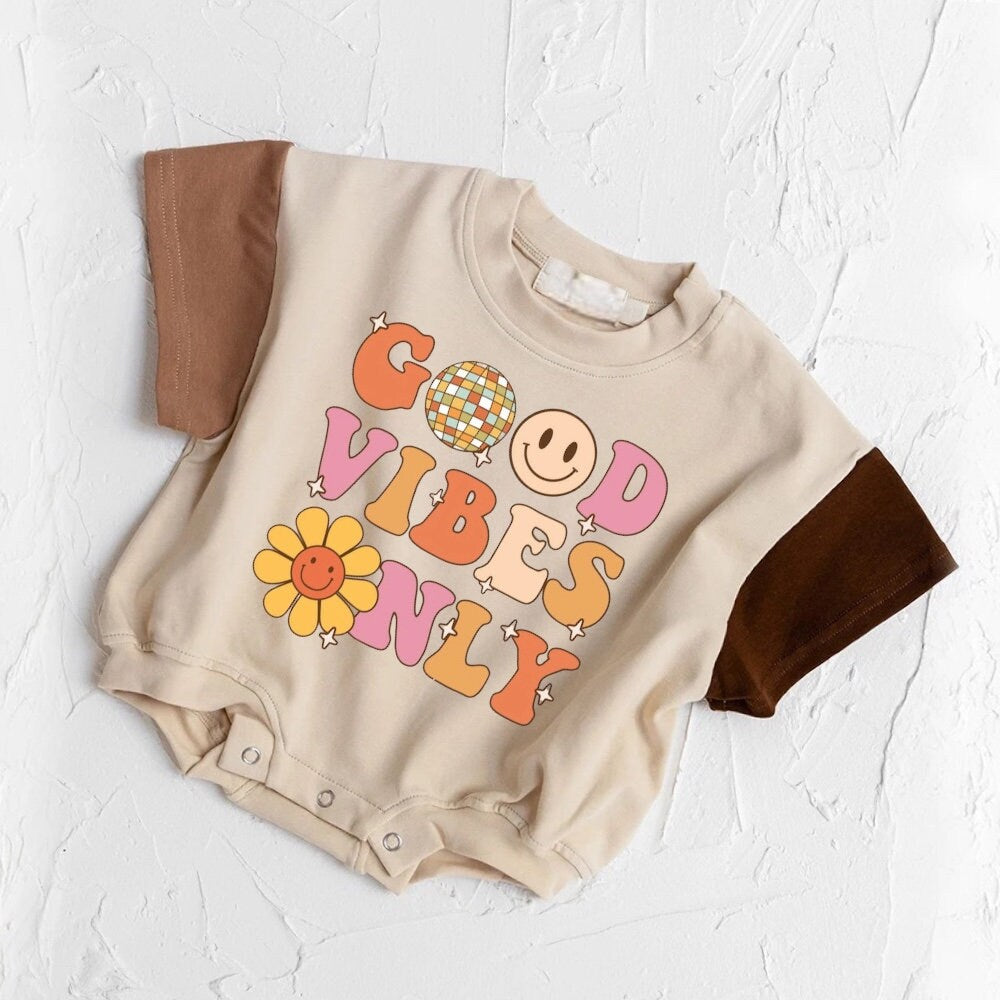 Newborn baby and kids Retro Good vibes SHORT sleeve ROMPER bodysuit, Crewneck, summer wear, cotton clothes SOFT onesie, infant, color block