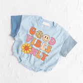 Newborn baby and kids Retro Good vibes SHORT sleeve ROMPER bodysuit, Crewneck, summer wear, cotton clothes SOFT onesie, infant, color block