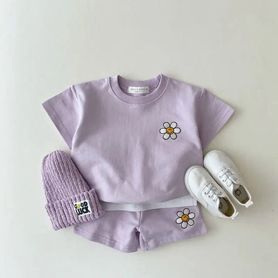 Baby and kids Summer smiley cotton Clothing set Toddler Clothes, outfit, shirt, shorts, summer, retro, flower - Hippo Boutique