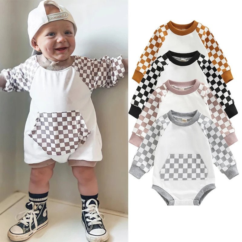 Newborn baby and kids Checkered bubble Sweatshirt ROMPER bodysuit, Crewneck, summer wear, cotton clothes SOFT onesie, infant, girl, boy