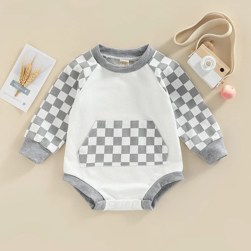 Newborn baby and kids Checkered bubble Sweatshirt ROMPER bodysuit, Crewneck, summer wear, cotton clothes SOFT onesie, infant, girl, boy