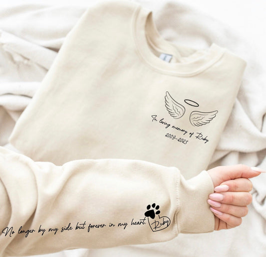 Dog and pet MEMORIALS angel sweatshirts and hoodies with name and quote on sleeve/sweatshirt/rip/loss/memorial/memory/gift/women/unisex/cat