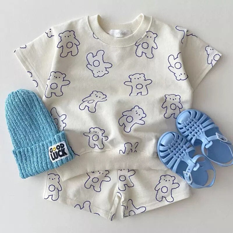 Baby and kids teddy bear print cotton Summer Clothing set, Toddler Clothes, outfit, shirt, shorts, baby boy, baby clothes, baby shower, gift