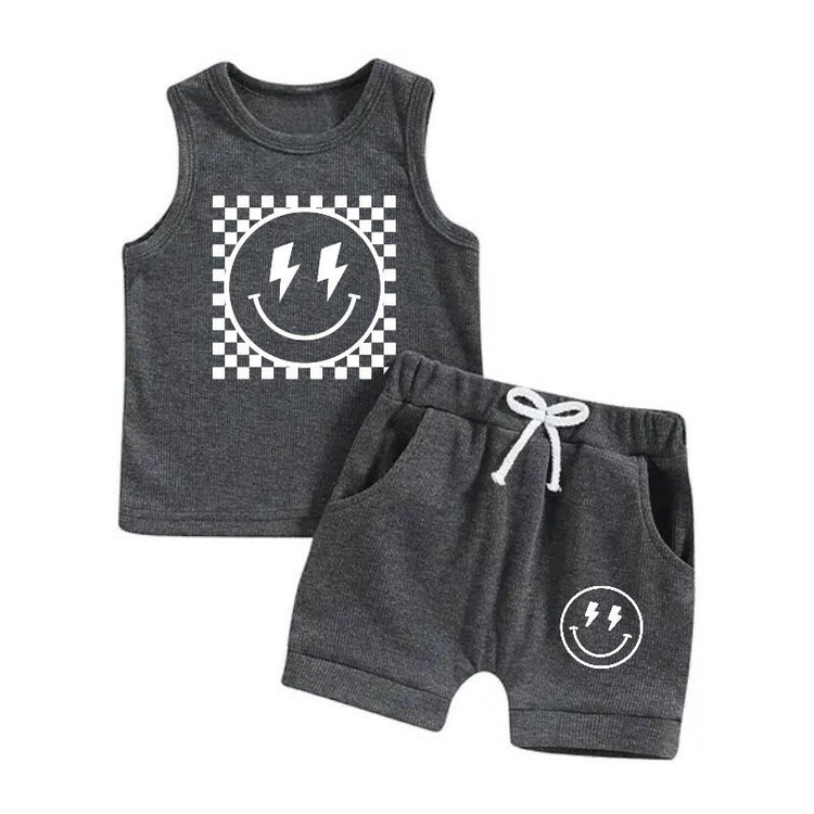 EMOJI SHIRT, Retro SHORTS, Two Piece Set, Smiley Face Shirt, Comfy Shorts, Baby Boy Shower Favors Elegant Checkered Retro Tank and Short Set