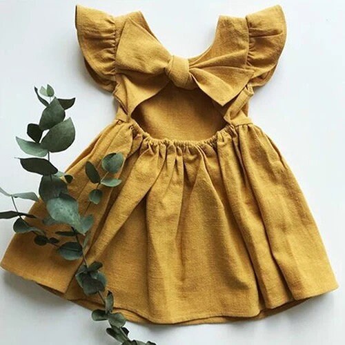 Ruffled sleeveless open back cotton linen baby girl dress / baby clothes / toddler / baby gift / baby shower / infant / baby 1st birthday