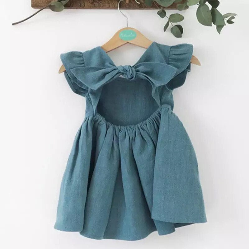 Ruffled sleeveless open back cotton linen baby girl dress / baby clothes / toddler / baby gift / baby shower / infant / baby 1st birthday