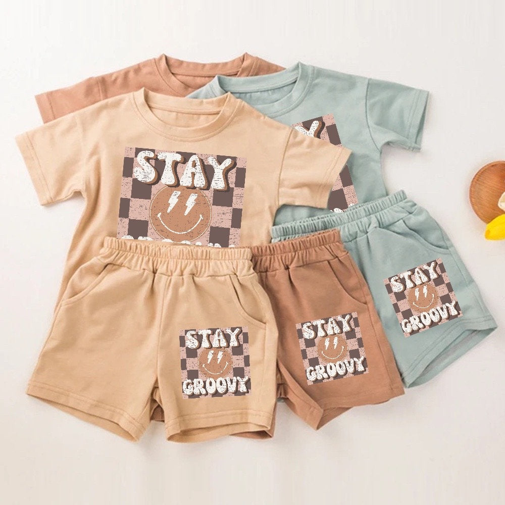 Baby toddler 100% cotton retro stay groovy Clothing set, outfit, shirt, shorts, baby boy, baby clothes, baby shower, gift, baby boy, retro