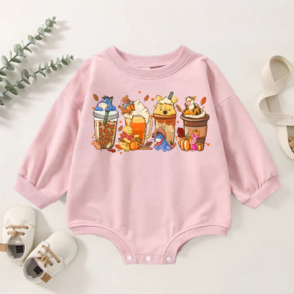 Oversized Pooh drinks fall Baby Sweatshirt Bubble Romper / baby clothes / infant / newborn  / toddler sweater / baby shower / thanksgiving |