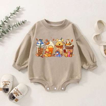 Oversized Pooh drinks fall Baby Sweatshirt Bubble Romper / baby clothes / infant / newborn  / toddler sweater / baby shower / thanksgiving |