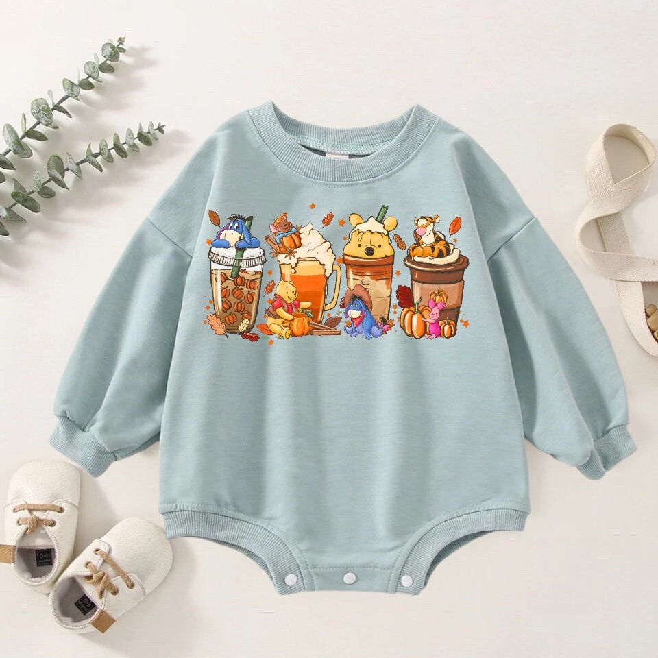 Oversized Pooh drinks fall Baby Sweatshirt Bubble Romper / baby clothes / infant / newborn  / toddler sweater / baby shower / thanksgiving |