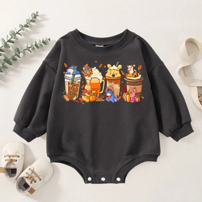 Oversized Pooh drinks fall Baby Sweatshirt Bubble Romper / baby clothes / infant / newborn  / toddler sweater / baby shower / thanksgiving |