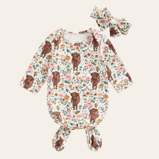Highland Cow Newborn Baby Swaddle Blanket Wrap Bodysuit + bow | baby girl gift | announcement | baby shower | knot gown | handmade