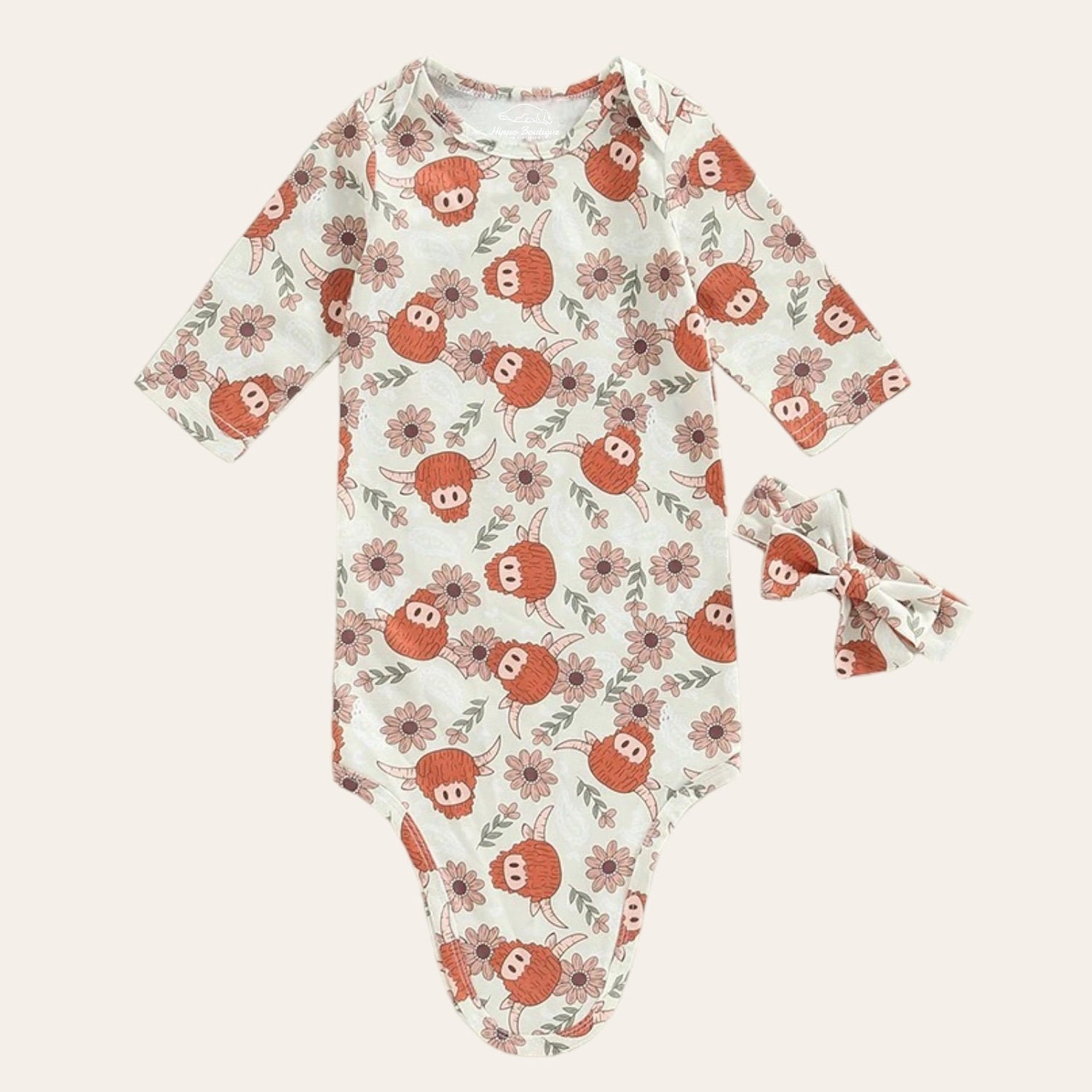 Highland Cow Newborn Baby Swaddle Blanket Wrap Bodysuit + bow | baby girl gift | announcement | baby shower | knot gown | handmade