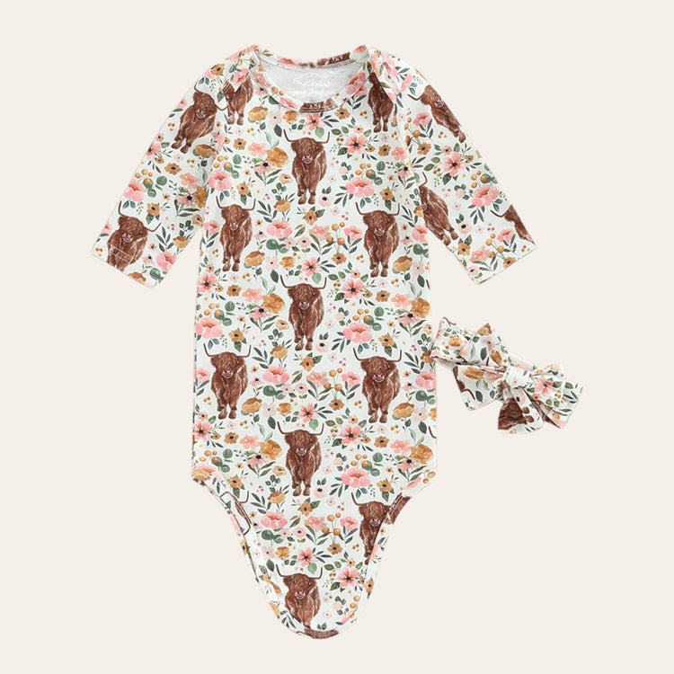 Highland Cow Newborn Baby Swaddle Blanket Wrap Bodysuit + bow | baby girl gift | announcement | baby shower | knot gown | handmade