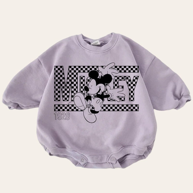 Checkered Mickey baby Oversized Sweatshirt Romper / baby clothes / baby girl boy / newborn / infant / gift / bubble onesie / shower / crew