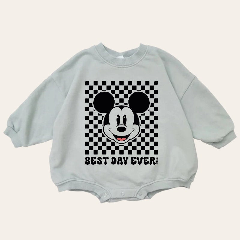 Checkered Mickey baby Oversized Sweatshirt Romper / baby clothes / baby girl boy / newborn / infant / gift / bubble onesie / shower / crew