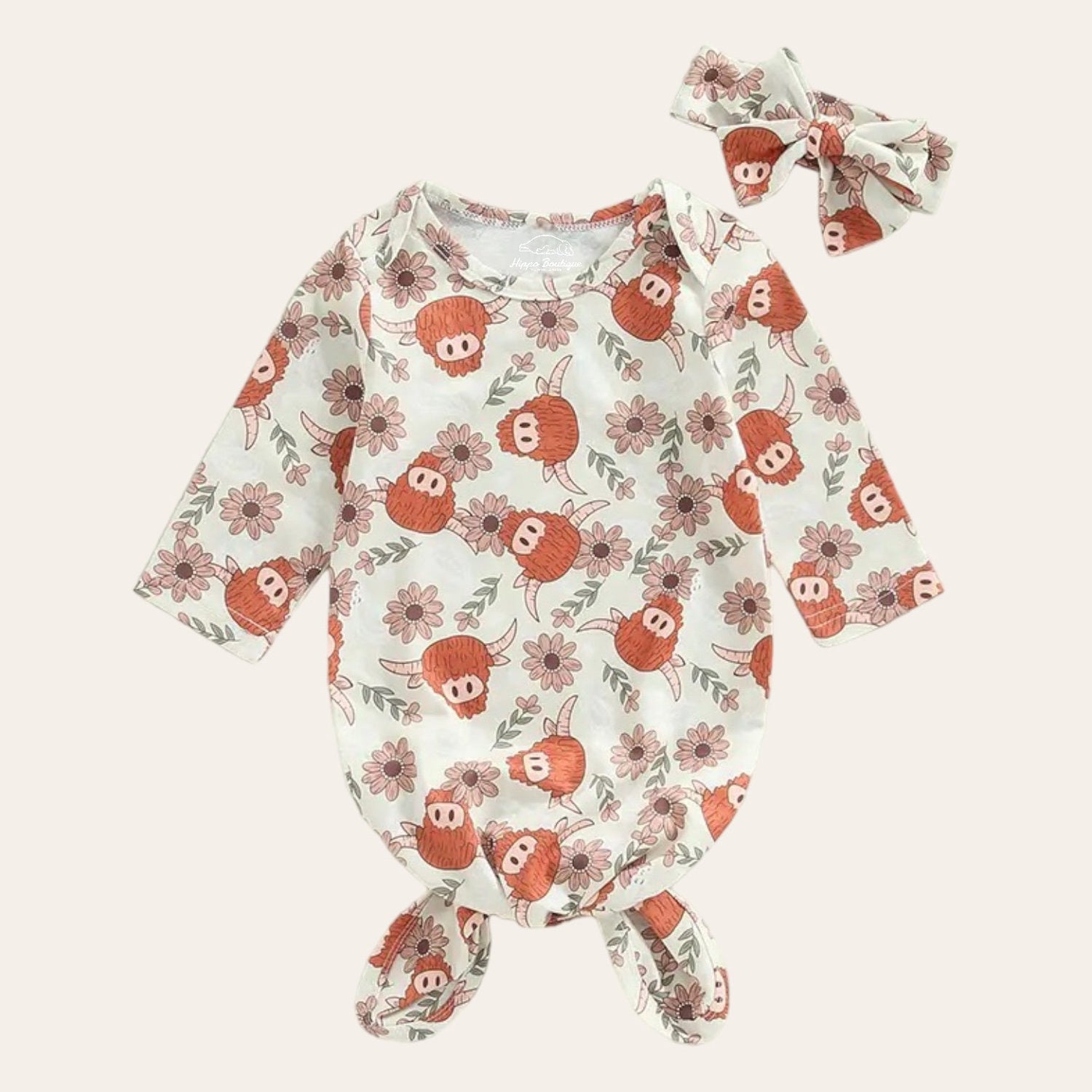 Highland Cow Newborn Baby Swaddle Blanket Wrap Bodysuit + bow | baby girl gift | announcement | baby shower | knot gown | handmade