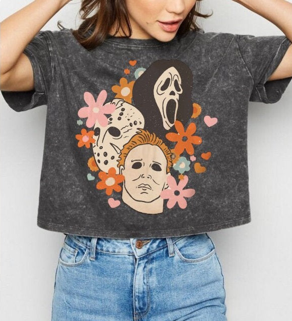 Halloween horror movie scream Jason Stone Washed Oversized Crop T-Shirts | vintage | women | crop top | oversized shirt | beach | cool
