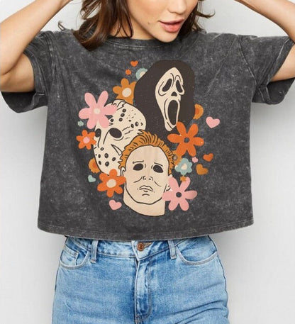 Halloween horror movie scream Jason Stone Washed Oversized Crop T-Shirts | vintage | women | crop top | oversized shirt | beach | cool