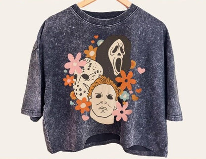 Halloween horror movie scream Jason Stone Washed Oversized Crop T-Shirts | vintage | women | crop top | oversized shirt | beach | cool