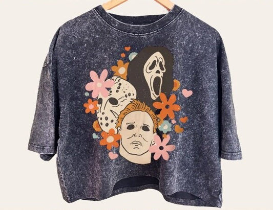 Halloween horror movie scream Jason Stone Washed Oversized Crop T-Shirts | vintage | women | crop top | oversized shirt | beach | cool
