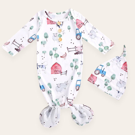 Farm Print Newborn Baby Swaddle Blanket Wrap Bodysuit + hat | baby girl gift | announcement | baby shower | knot gown | handmade | animals