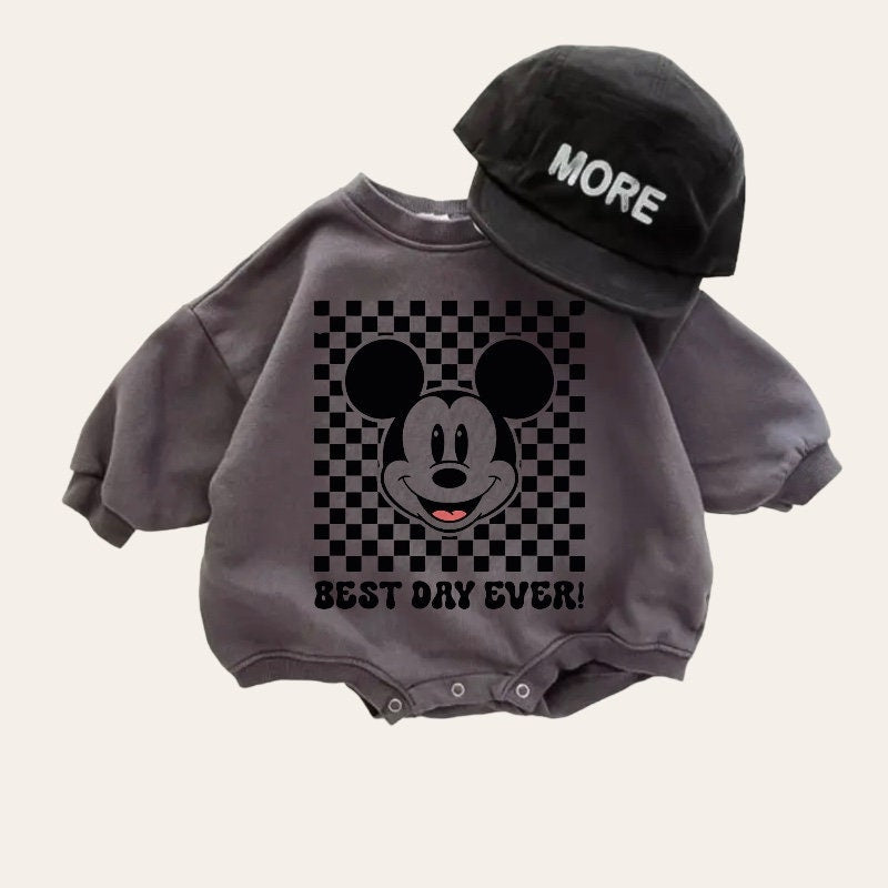 Checkered Mickey baby Oversized Sweatshirt Romper / baby clothes / baby girl boy / newborn / infant / gift / bubble onesie / shower / crew