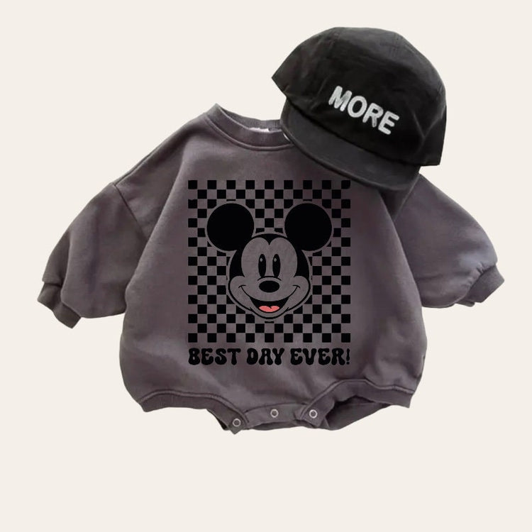 Checkered Mickey baby Oversized Sweatshirt Romper / baby clothes / baby girl boy / newborn / infant / gift / bubble onesie / shower / crew