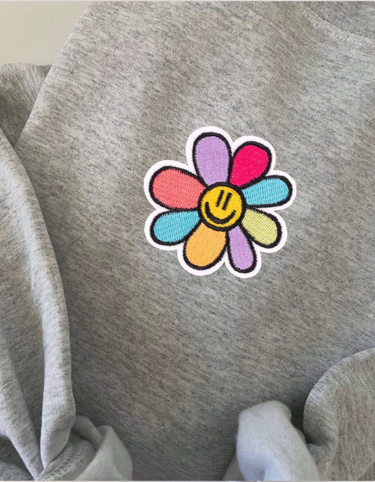 Smiley flower Patch Womens Crewneck Sweatshirt | girls sweater | gift for her | positive | motivation | Cool | comfy | unisex | fall
