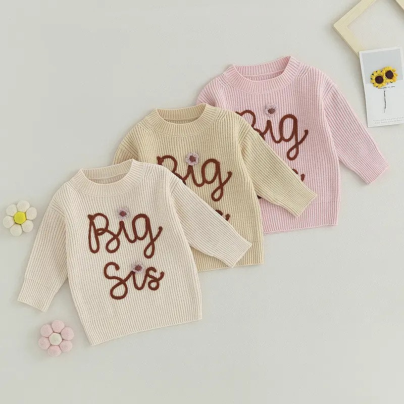 Knit Embroidered Big Sis baby girl sweater