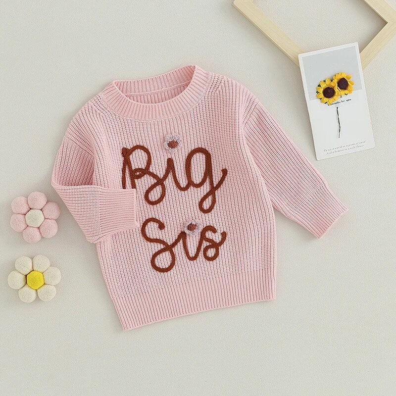 Knit Embroidered Big Sis baby girl sweater