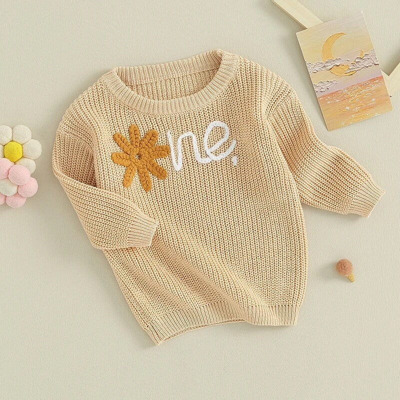 Knit Embroidered Floral One baby girl’s first birthday sweater