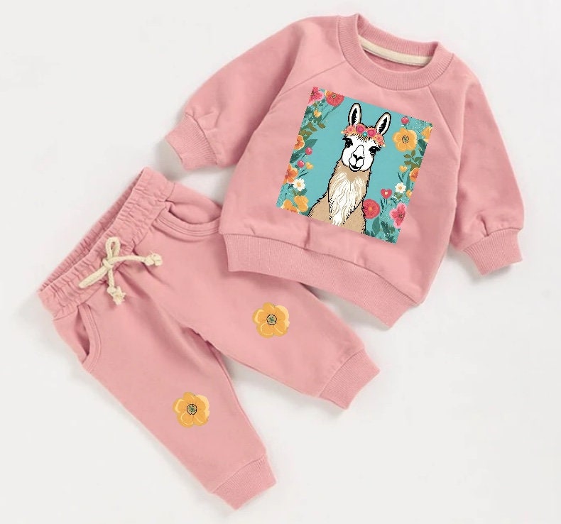 llama floral French Terry Baby Outfit set sweatshirt and pants