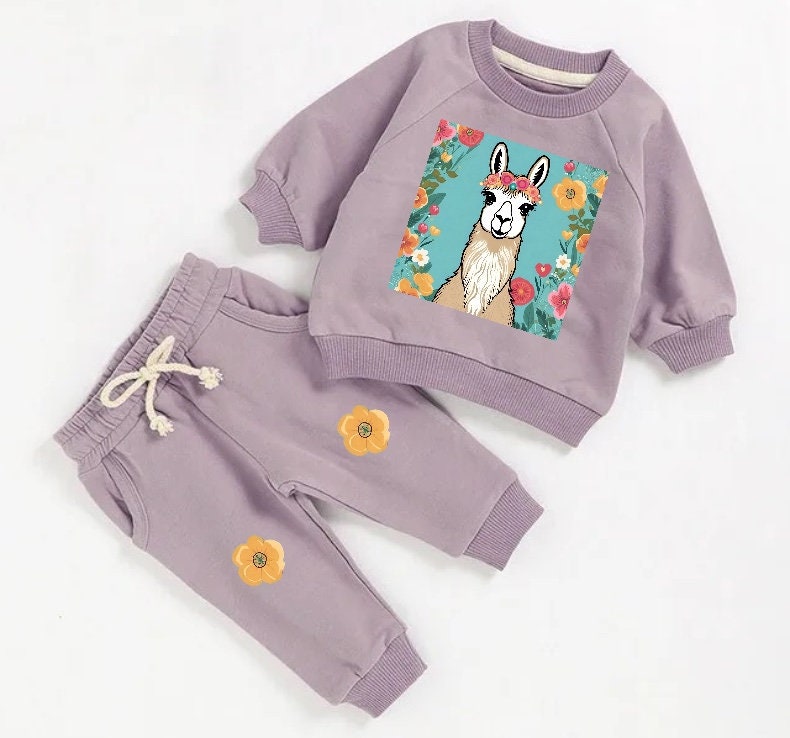 llama floral French Terry Baby Outfit set sweatshirt and pants