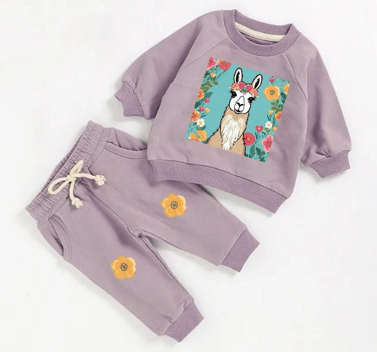 llama floral French Terry Baby Outfit set sweatshirt and pants