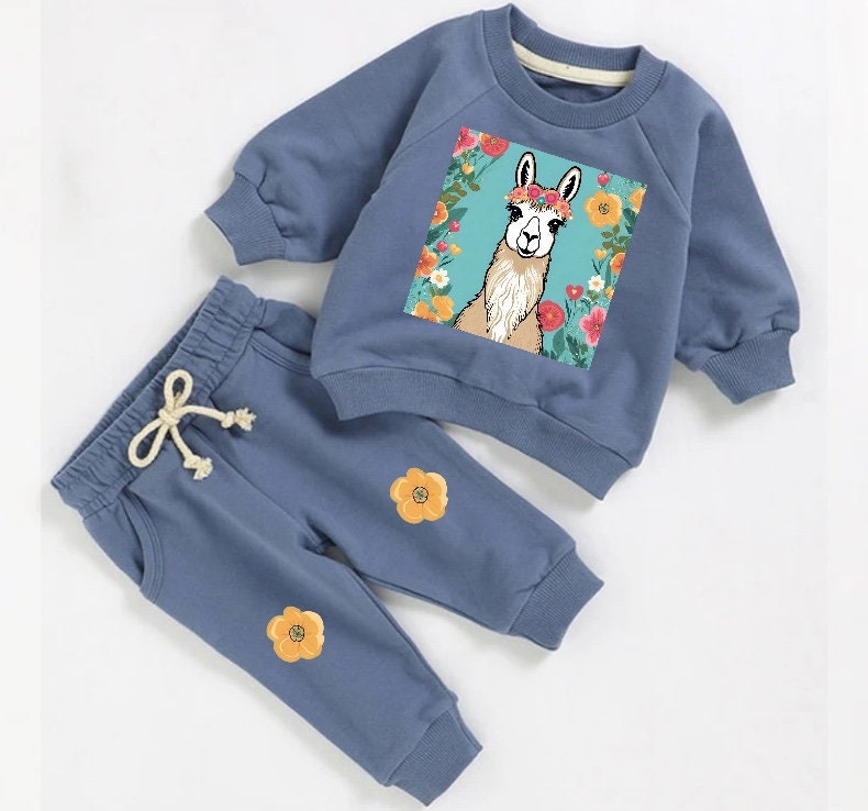llama floral French Terry Baby Outfit set sweatshirt and pants