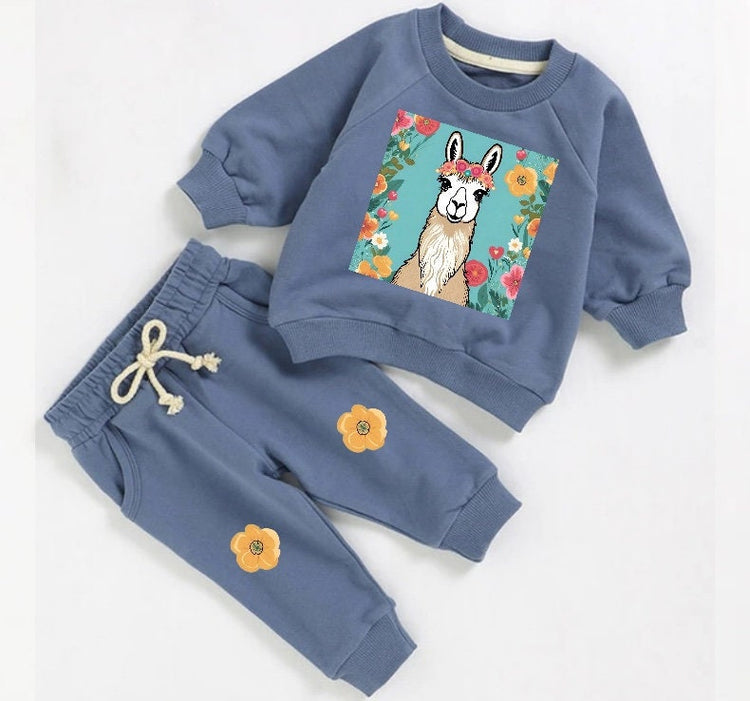 llama floral French Terry Baby Outfit set sweatshirt and pants