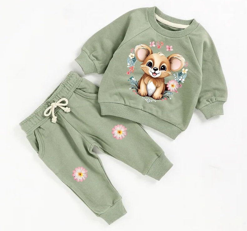 Floral bear French Terry Baby Outfit set sweatshirt and pants / baby clothes / soft / baby girl boy / baby shower / baby gift / sweater