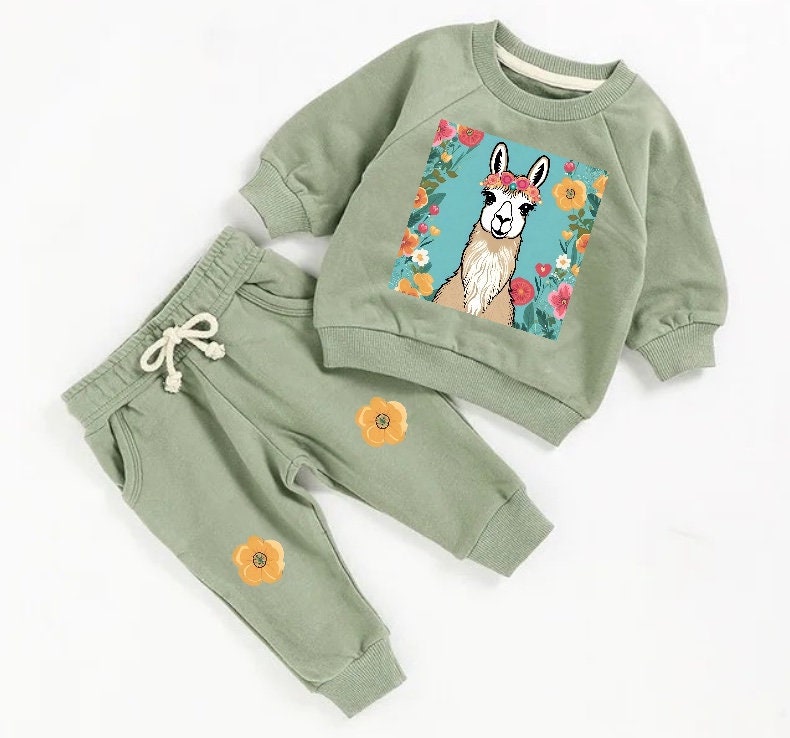 llama floral French Terry Baby Outfit set sweatshirt and pants