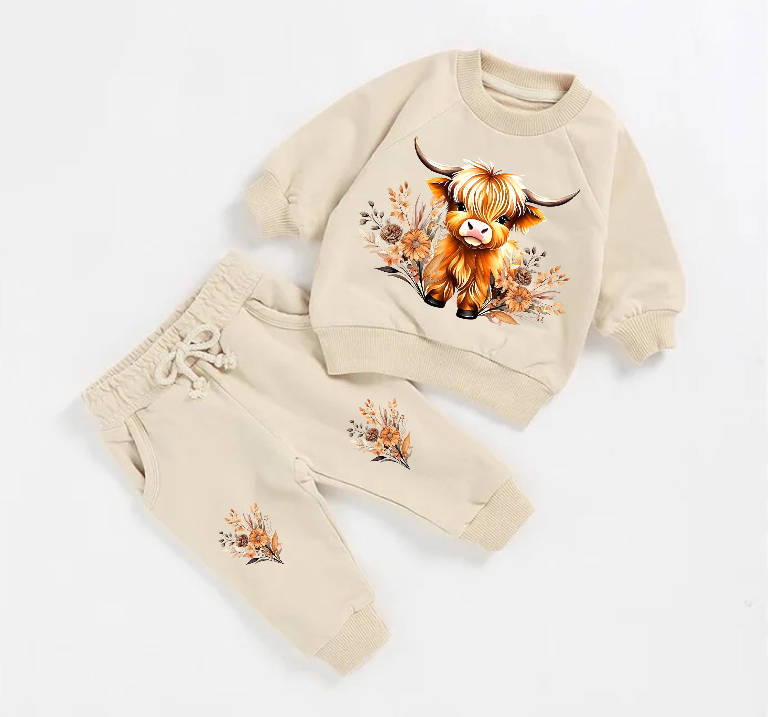 Floral Highland Cow French Terry Baby Outfit set 2T Beige