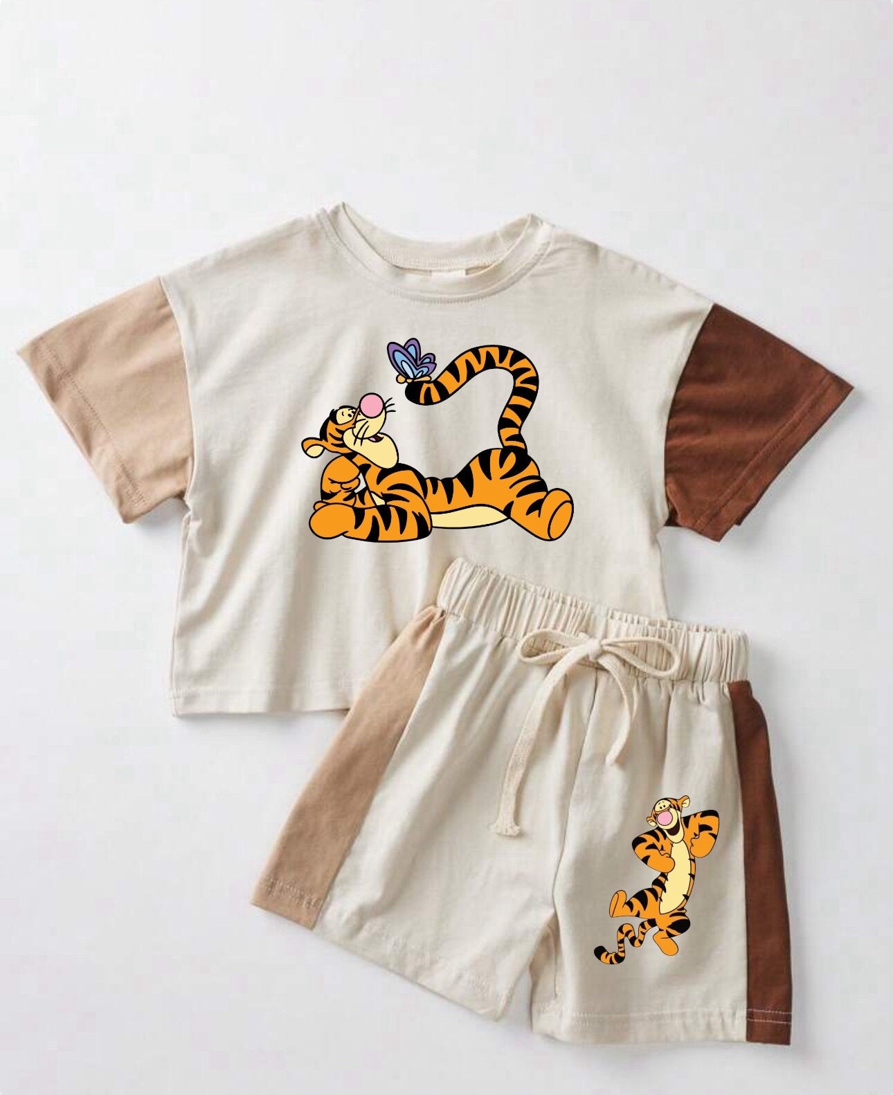 100% cotton color block Baby toddler pooh Clothing set , outfit , shirt , shorts , baby clothes, baby shower, gift, baby boy girl tigger