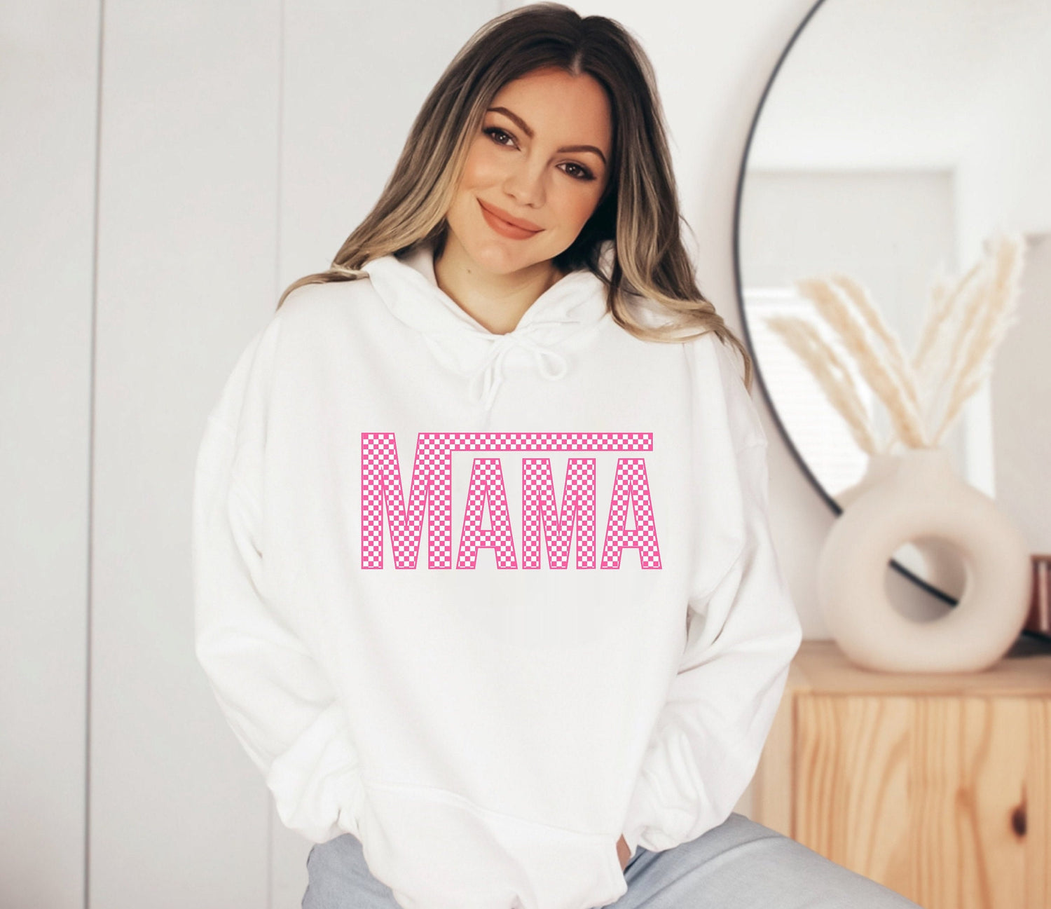 Pink checkered mama womens CREWNECK Sweatshirts & hoodies | women’s sweatshirt / gift for her / sweater | fall | comfy / soft