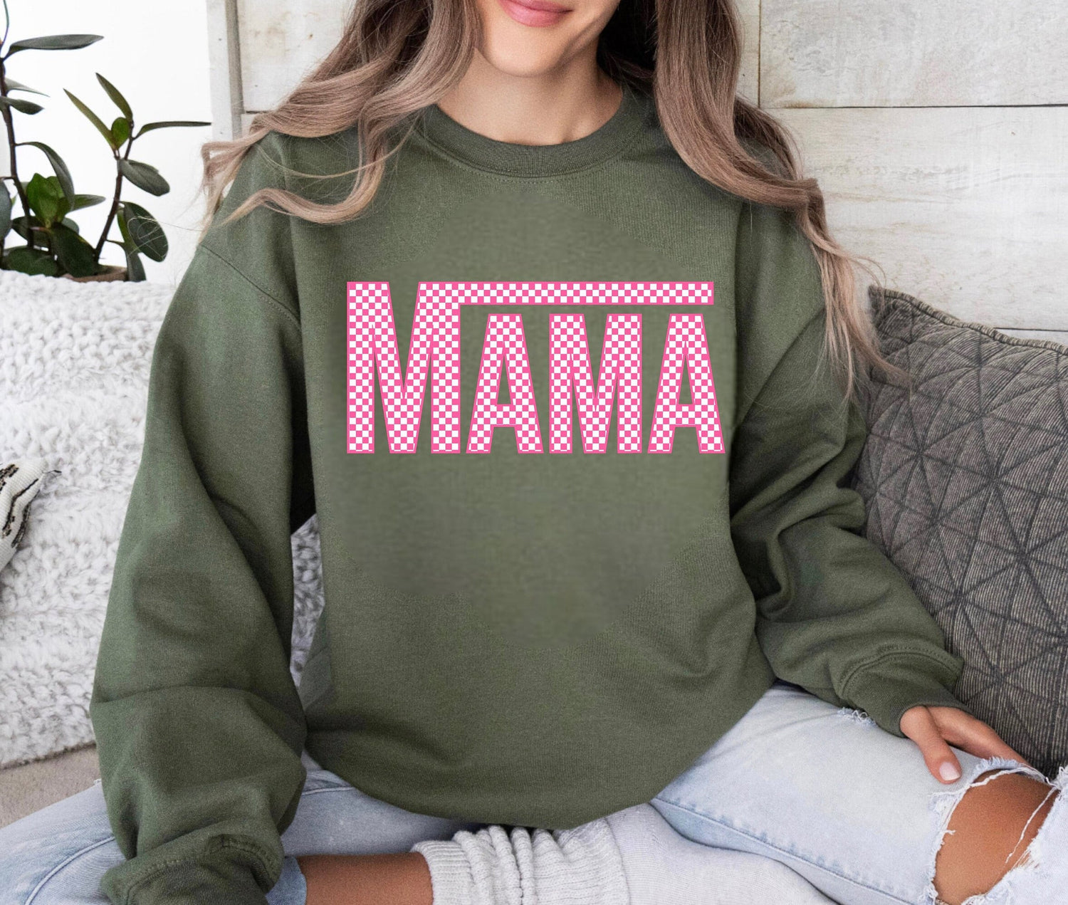 Pink checkered mama womens CREWNECK Sweatshirts & hoodies | women’s sweatshirt / gift for her / sweater | fall | comfy / soft