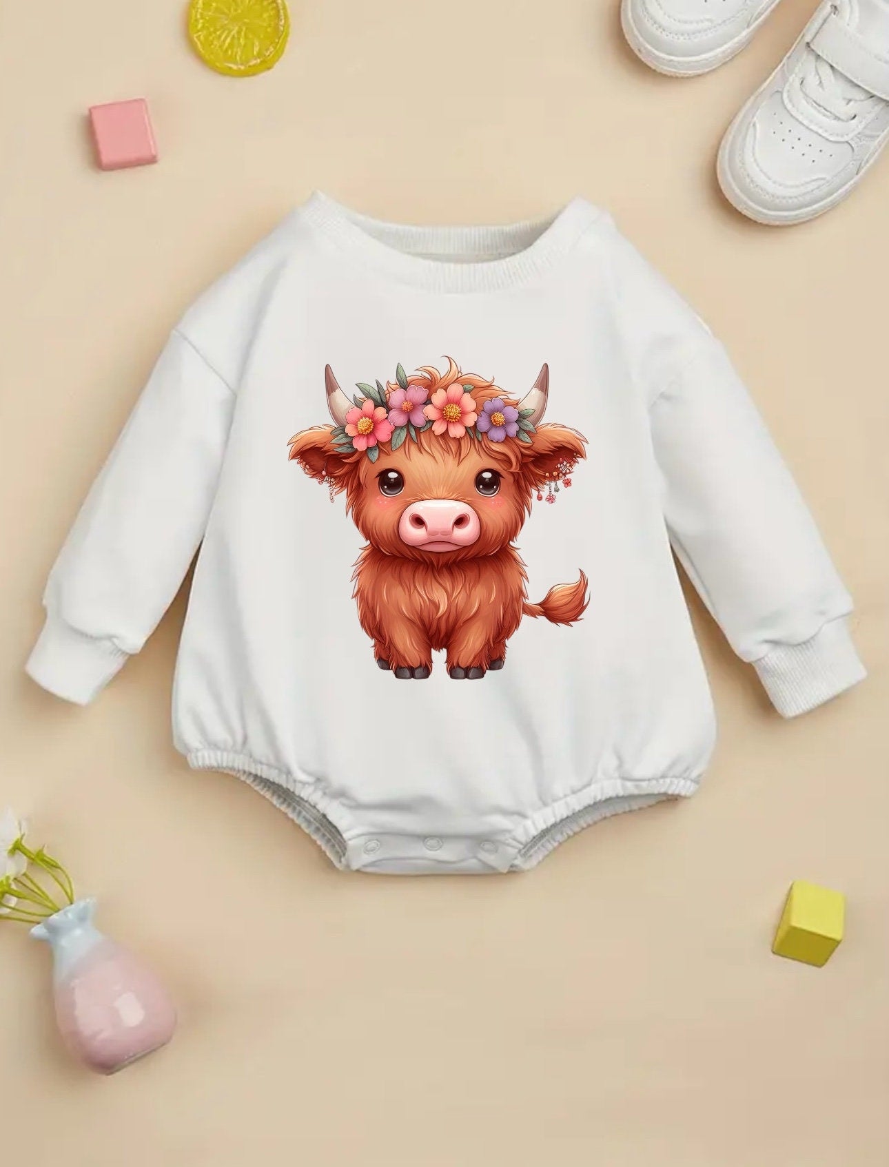 Highland cow baby girl SWEATSHIRT Romper bodysuit / baby clothes / baby sweater / bubble onesie / baby girl / baby gift / newborn / new baby